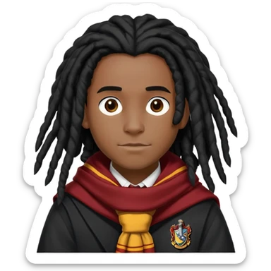Luke Youngblood is Lee Jordan in harry potter, wear hogwarts uniform, dreadlocks black  hair, black skin,  gryfindor scarf around neck sticker