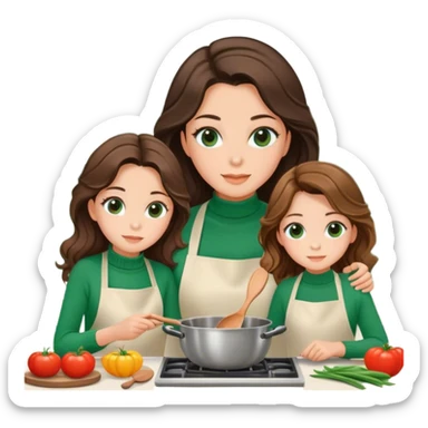 A mom and 10 years old daughter with brown eyes and beatiful lashes and hazel eyes and brown long beach waves hair while cooking together focused in a beautiful and luxurious kitchen mom wearing a green turtleneck sweater  sticker