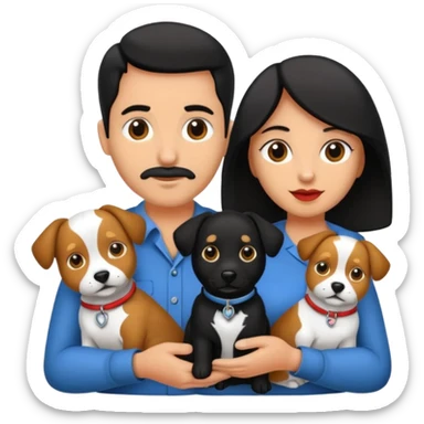 Pareja hombre y mujer, pelo negro ambos, y con dos perritos pincher en sus brazos sticker