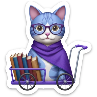 Purple and blue cat with reading glasses and a shawl, standing behind a cart full of books sticker