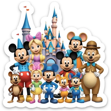 Colorful icon for Animated Movies: A vibrant collage featuring iconic characters like Goofy, Mickey Mouse, Franco, Masha and the Bear and Luntik. Each character should be large and bright, set against a cheerful and playful background of Disneyland. Transparent background. sticker