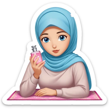 Turkish beautiful finish Konya girl blue eyes with cherry blossom hijab smells perfume on the floor  sticker