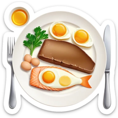 A plate with liver, egg yolk, butter and fish, with vitamin A nutrition labels sticker
