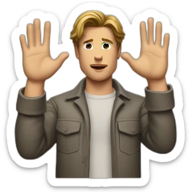Bradd pitt's with uncertainty,shoulders raised in a classic 'I don't know' gesture. Both of his hands should be raised, palms facing upwards, emphasizing this gesture sticker