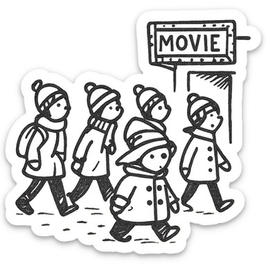 A group of school children walking to a movie theater in winter, inspired by Paddington Bear sticker