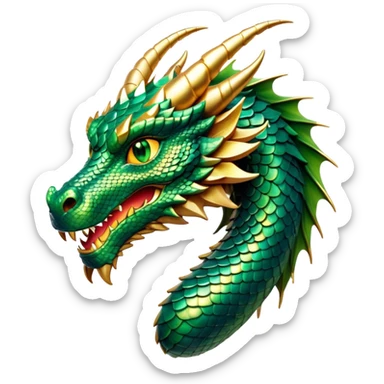 Cinematic Noble Dragon Portrait Emoji, Poised and majestic, with a sinuous, elongated body covered in intricately detailed, shimmering scales in hues of emerald and gold, and piercing, fiery eyes that reflect ancient wisdom; rendered with lifelike texture and natural highlights, high shine, intelligent and formidable, styled with an aura of mythic power, focused and attentive, soft glowing outline, capturing the essence of a legendary dragon that appears ready to soar out of the screen with timeless authority! sticker