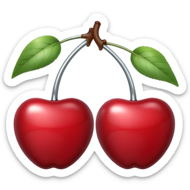 A pair of cherries emoji made of polished silver chrome, smooth rounded shapes, glossy metallic finish, soft highlights and reflections, cute proportions, iOS emoji style, centered, clean white background, no text sticker