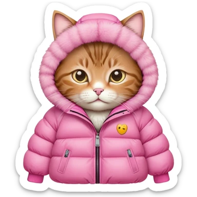 tabby cat in a voluminous pink down jacket sticker