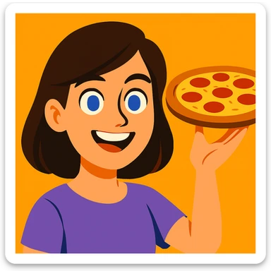 Darken the hair, change the shirt to light purple, and position her hand up and to the side as if she's carrying a pizza, maintaining the same vibrant toon cartoon style. sticker