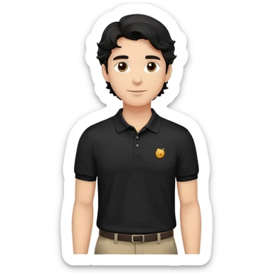 Man with wavy black hair in a classic black polo shirt, relaxed fit sticker