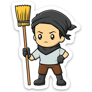 Levi Ackerman cleaning with bandana over hair, gloves, holding broom, annoyed expression sticker