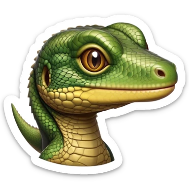 Cinematic Realistic Cute Monitor Lizard Portrait Emoji, Head tilted playfully and inquisitively, featuring a compact, agile body with finely detailed, glossy scales in earthy olive hues and a distinct, alert face with bright, curious eyes, rendered with lifelike natural highlights, high shine, affectionate and spirited, styled with a touch of rugged whimsy, soft glowing outline, capturing the essence of a mischievous yet lovable monitor lizard that seems poised to scurry playfully into your arms! sticker