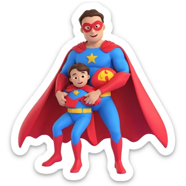 super dad, holding a child, superhero costume, cheerful sticker