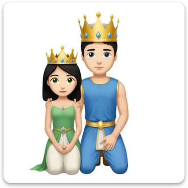 Man as king, standing, black Hair, blue eyes, simple woman, blonde, green eyes, shott white sleveless Dress, kneeling, background palace sticker