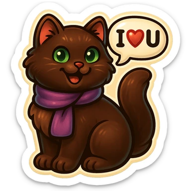 Fluffy happy smiling cute dark-brown cat with green eyes and a purple scarf saying ‘I ♡ U’ (with a speech bubble) sticker