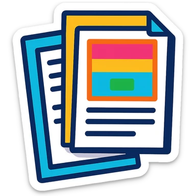 icon of stacked A4 papers, one with color print and one with black print, vibrant colorful style sticker