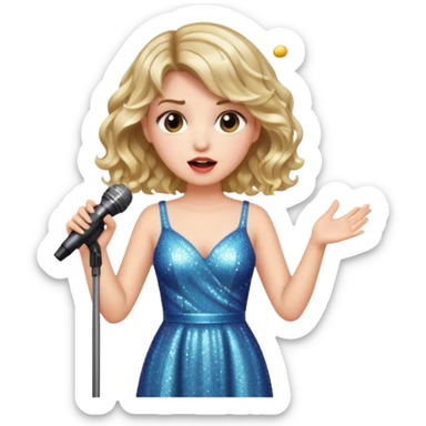 A short wavy female singer in sparkling dress holding a mic with emotional expression sticker