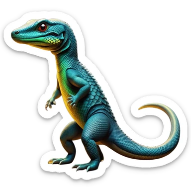 cinematic-monitor-lizard-realistic-full-body-standing on all fours-emoji,-long-powerful-tail-dragging-slightly-behind,-sleek-scaled-body-textured-with-rich-patterns,-head-tilted-dramatically,-dark-intense-eyes-observing-its-surroundings,-simplified-yet-realistic-focused-features,-highly-detailed,-glowing-with-an-almost-sarcastic-glow sticker