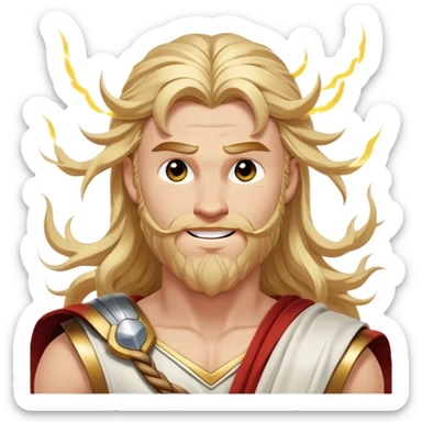 Cinematic Realistic Thor Portrait, head tilted dramatically with an exaggeratedly amused expression, featuring lively, twinkling eyes and a subtle, roguish grin. His fair, radiant skin and long, wavy golden hair, rendered with classical precision, complement his draped white toga adorned with delicate golden details and mythic lightning hints, all brought to life with dynamic lighting that captures both his divine power and playful, approachable charm. sticker