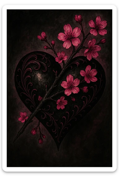 goth sakura heart, heart pierced by sakura branch, black and magenta colors, gothic romance, intricate details sticker