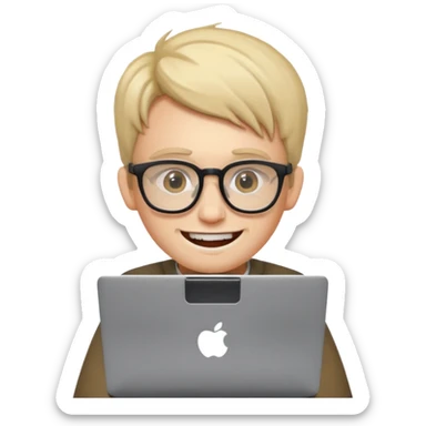 nerdy developer with glasses and prominent teeth, using a laptop, simple, clear emoji style sticker