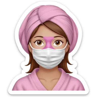 Lady with brown hair, white towel around her head, pink face mask spa beauty full face relaxing sticker