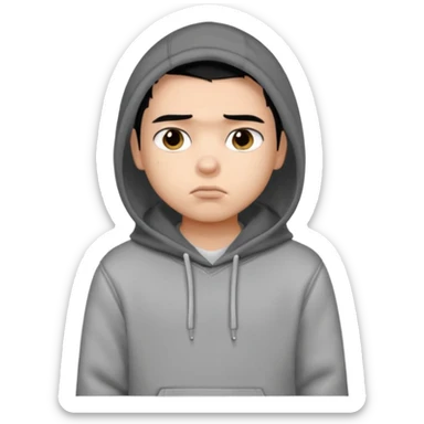 a pretty bratz boy with black hair and a grey hoodie looking sad sticker