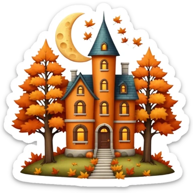 A whimsical fantasy style scene of a tall skinny house among tall trees that are a mixture of full lush trees and trees with warm and burnt orange colored fall leaves. Mysterious yet very warm and inviting, a quarter moon shape behind house. Still life very detailed & hyperrealistic  sticker