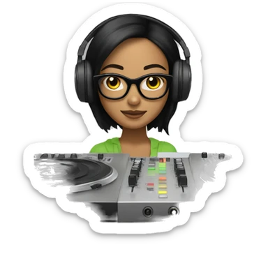 Girl with light olive skin and black hair with glasses on with headphones on a dj mixer sticker