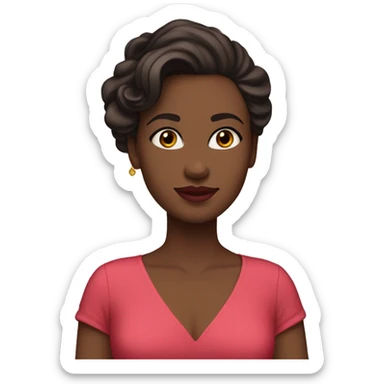 She is white, she has soft features, fair skin, and almond-shaped eyes. Her defined eyebrows and natural pink lips frame her face. Her dark, wavy hair is partially tied back, giving her an elegant yet relaxed look. She wears a luxurious red V-neck dress.
 sticker