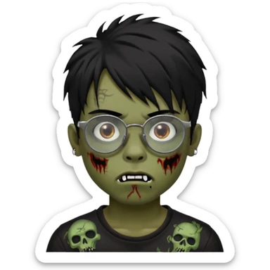 Boy, zombie, black hair, medium long, emo, shaggy, dark, spooky, creepy expression emoji, add dolce gabanna glasses, a risk on the eyebrow, some tattos  sticker