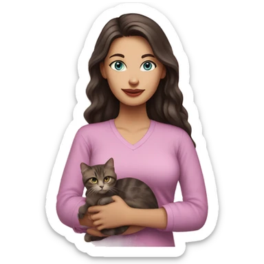 White woman with blue eyes and long dark hair wearing a pink shirt and holding a tabby cat sticker