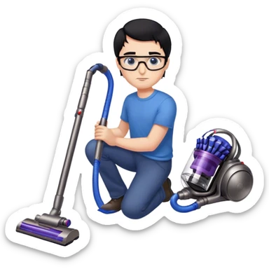 Man with black hair and blue eyes with glasses using a dyson on the floor sticker