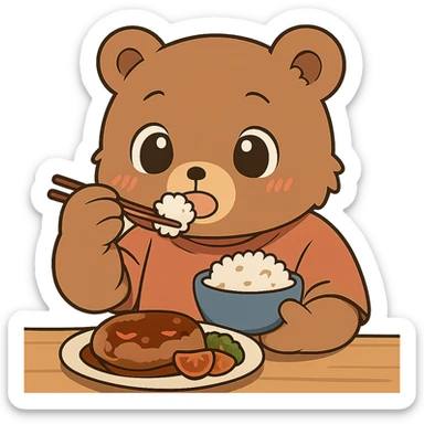 Make the anime style bear eating cuter by giving it bigger eyes and a rounder face. Keep no background. The style should remain anime-like. sticker