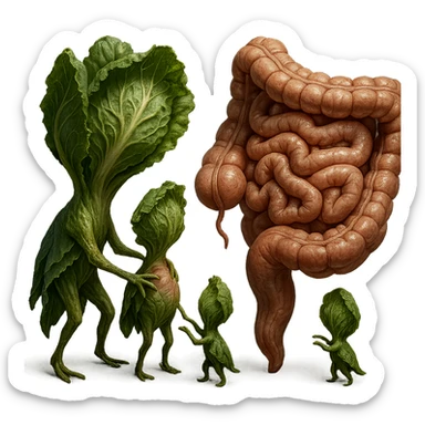 Ultra-realistic 4K illustration: stylized lettuce leaves depicted as plant-like creatures interacting with a human anatomical model of the intestine. The scene is surreal and scientific, with organic textures, refined biological details, dramatic lighting, and a bio-fantasy photorealistic style sticker