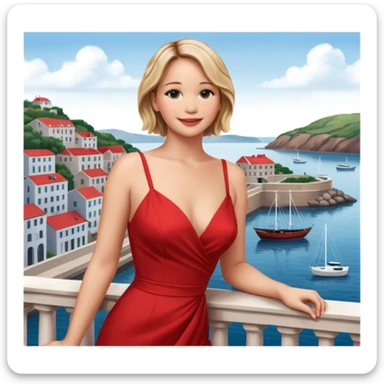 jennifer lawrence, closeup portrait , leaning on a balcony with a harbor and cityscape in the background, smiling, red dress  sticker