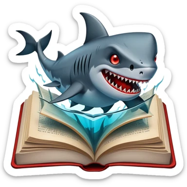 Icon for Horror & Mystery Reading: an open book with eerie glowing symbols, from which rise Dracula with fangs, flying bats, a zombie hand, and a lurking shark with sharp teeth. Surrounding elements. Transparent background. sticker