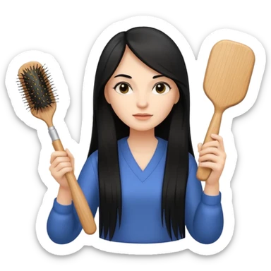 A white woman with long, straight black hair, holding a spray bottle in one hand and a wooden paddle hairbrush in the other. sticker