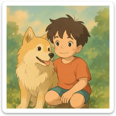 kid and his pet dog in studio ghibili style sticker