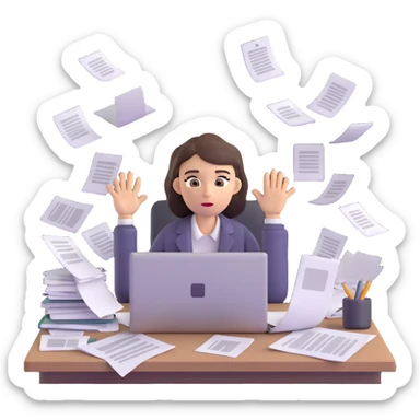 tired woman at a desk with a MacBook, surrounded by messy papers, emphasizing disorganization sticker