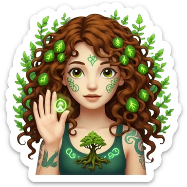 woman with long curly brown hair, brown eyes, white skin, tattoos, growing glowing moss from her fingertips like magic circuits sticker