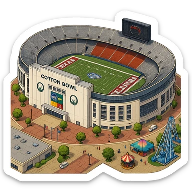 Изометричная, яркая, детализированная и фотореалистичная иллюстрация стадиона Cotton Bowl в стиле 3D-коллажей городов, насыщенные цвета, аккуратные и чёткие линии, мультяшно-реалистичная стилистика. Чёткие контуры, не размазанные линии, высокое качество, прозрачный фон, не обрезать края стадиона. sticker