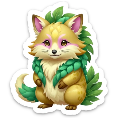 Colorful brown with rose pink, yellow-beige-cream, jade-green tropical exotic shiny beautiful fantasy-Vernid-Cacomistle-animal-Fakémon-hybrid-fursona (full body) sticker