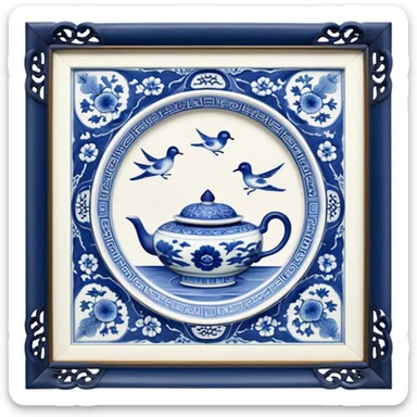 Cinematic Realistic image of exquisite blue and white porcelain, rendered with delicate, intricate patterns and fine textures, showcased against a classic Chinese backdrop with soft, refined lighting sticker
