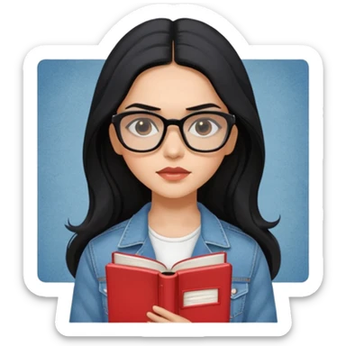 generate a pretty bratz emoji 
Make her wear a white dress with a denim jacket over it.long  black hair in a side part. Holding books

She should look exactly  like Deepika padukone! wearing tiny rectangular spectacle, looking sad sticker