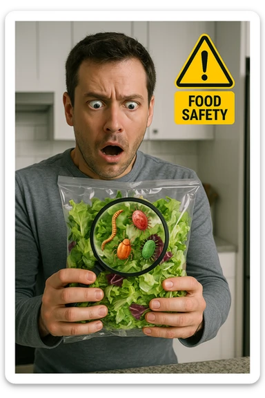 a man holds a bag of salad with both hands, his face frozen in shock as he looks at the contents. Inside the bag, exaggerated but realistic depictions of parasites and bacteria are visible, some highlighted with a magnifying glass overlay. The background is a clean kitchen, and a warning sign appears in the corner to reinforce the message about food safety. sticker