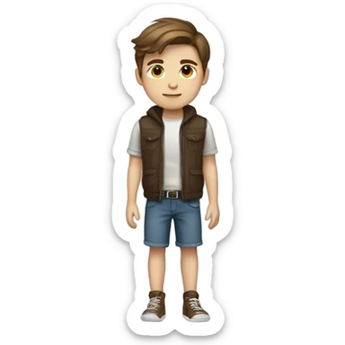 do a teenage boy with brown hair light eyes and a cute outfit, full body legs arms  sticker