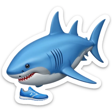 Un tiburón parado con zapatillas azules sticker