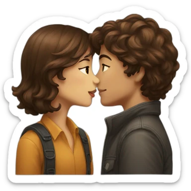 a brown short haired boy and brown long haired girl kissed sticker