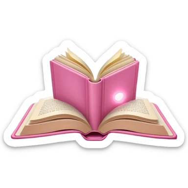 An open pink book with glowing light rays emerging from its pages, magical atmosphere, sticker